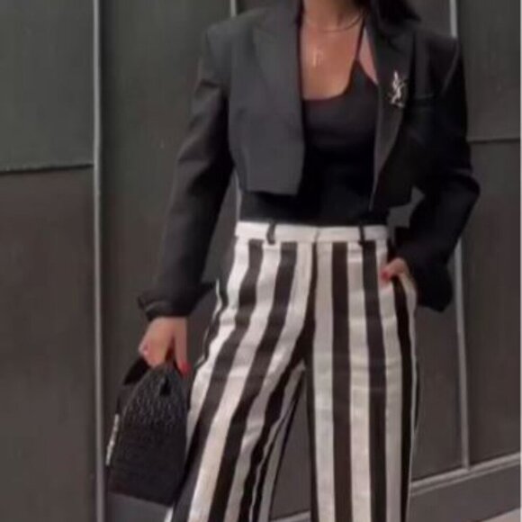 ZARA HIGH WAIST STRAIGHT FIT STRIPED 100% LINEN TROUSER PANT Size M 2690/342/070 - Picture 2 of 3